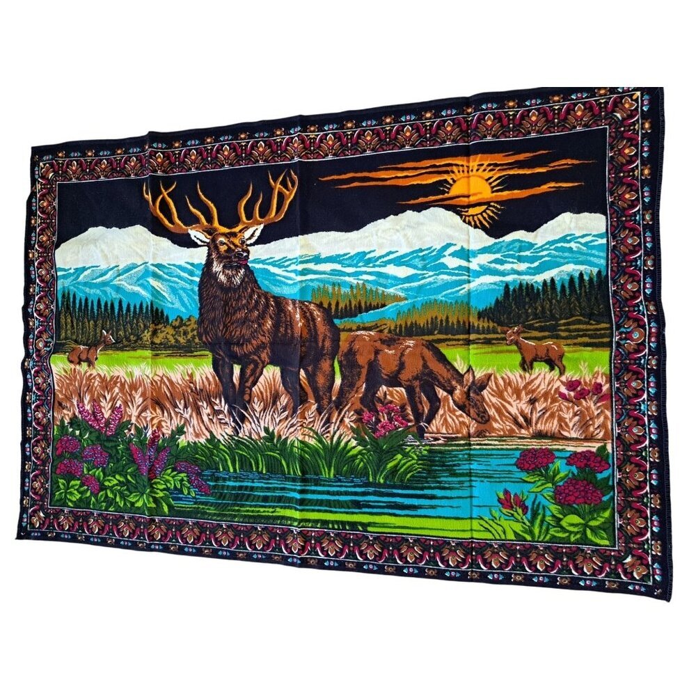Vintage 1970's DTC New York Elk Wildlife Tapestry Wall Hanging Cotton Deer Elk